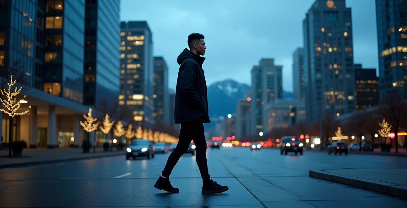 Silhouette minimaliste d'une personne en vêtements techniques dans un environnement urbain canadien