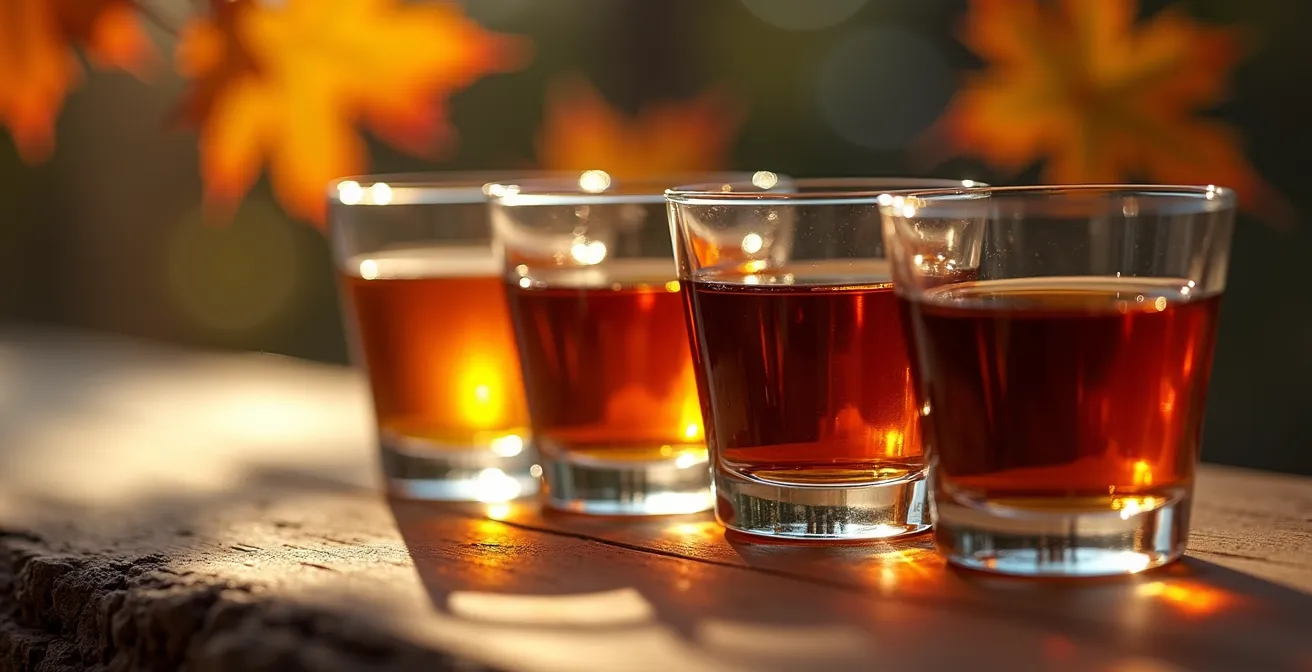 Quatre verres de dégustation contenant des sirops d'érable de différentes couleurs du doré au très foncé