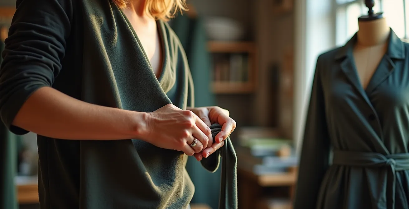 Créateur de mode canadien travaillant avec des textiles durables dans son atelier montréalais