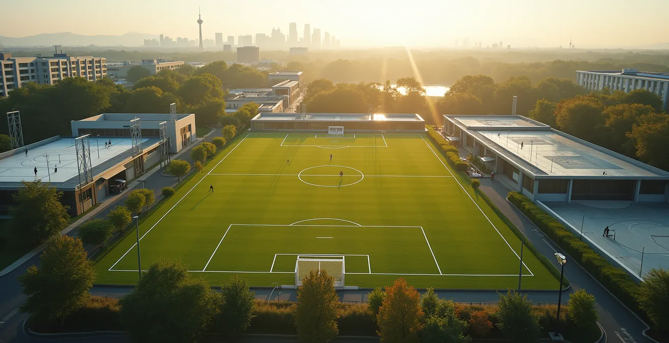 Vue aérienne d'installations sportives multiples dans un environnement urbain canadien