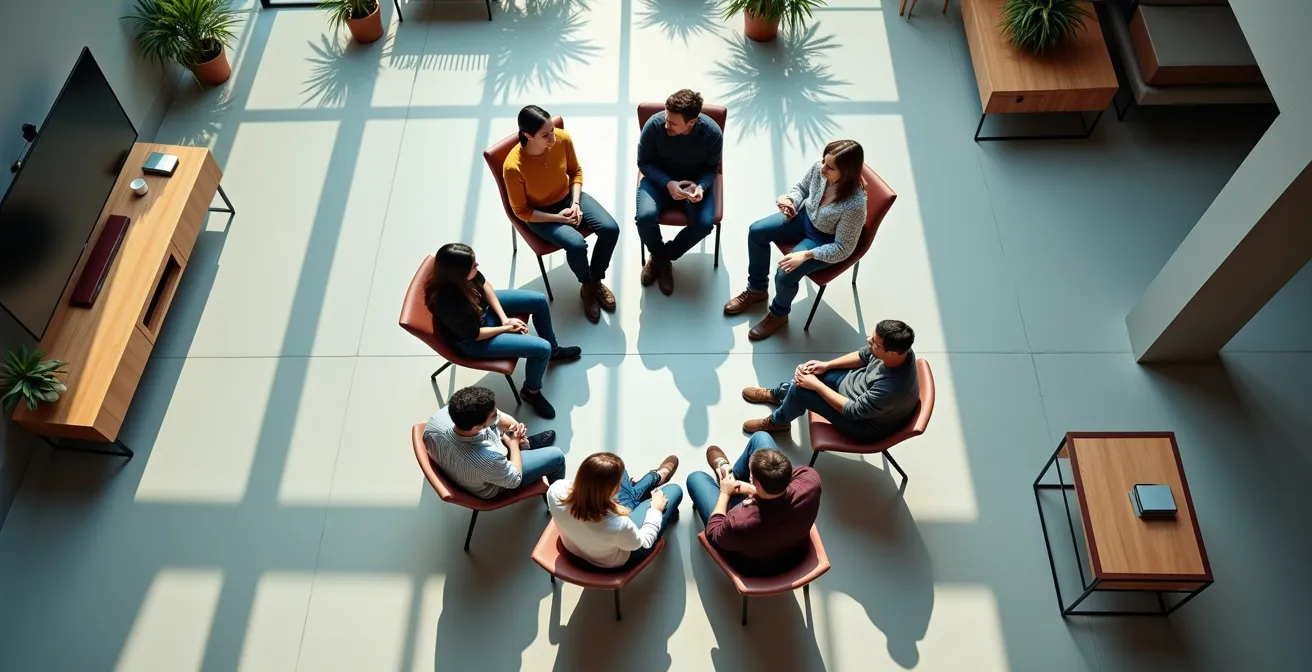 Représentation visuelle d'un réseau de mentorat avec entrepreneurs diversifiés en cercle de discussion