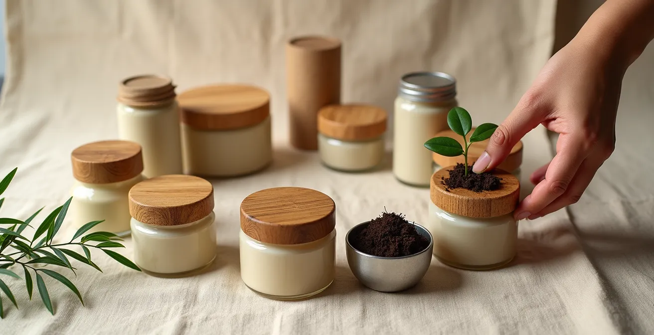 Arrangement minimaliste de contenants rechargeables et compostables de cosmétiques canadiens