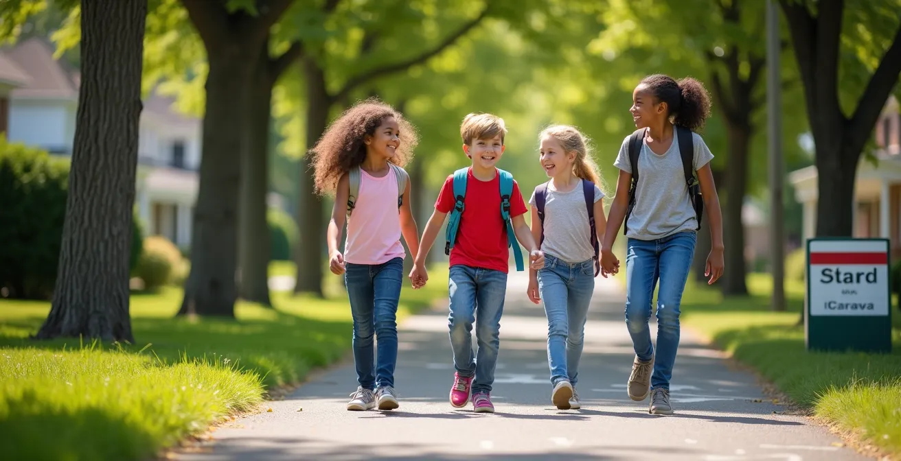 Enfants jouant librement dans une rue résidentielle canadienne tranquille avec cul-de-sac