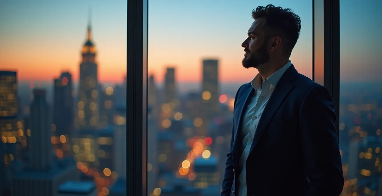 Portrait d'un entrepreneur canadien confiant regardant vers l'horizon avec le paysage urbain nord-américain en arrière-plan