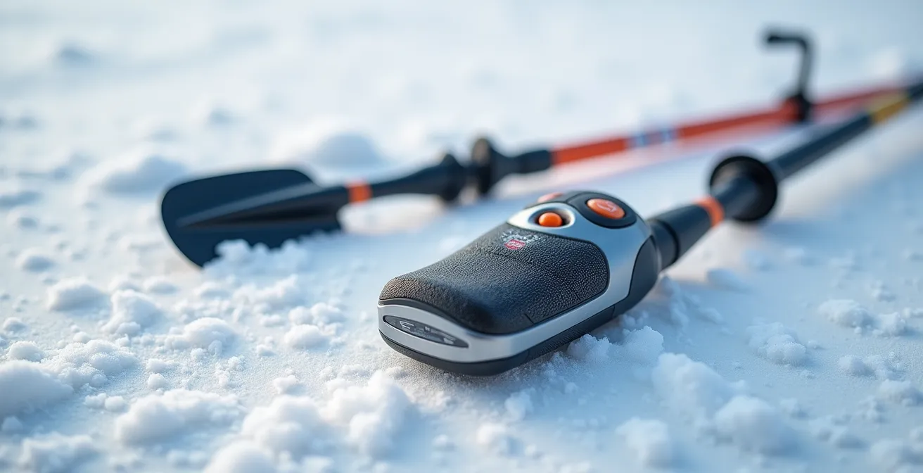 Vue macro détaillée d'un DVA, pelle et sonde disposés sur la neige