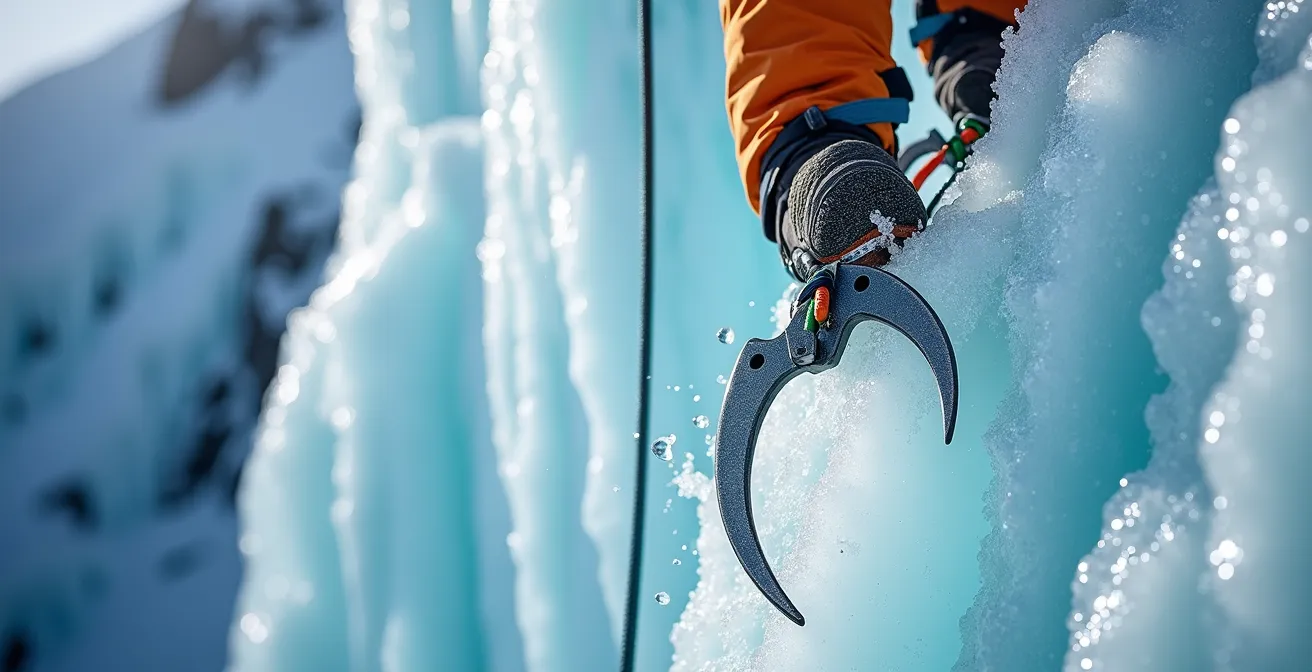 Grimpeur débutant sur une cascade de glace bleue cristalline avec équipement coloré dans les Rocheuses canadiennes