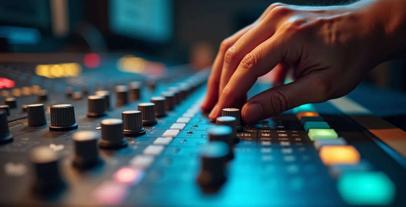 Gros plan sur les mains d'un étalonneur ajustant des courbes de couleur sur une console professionnelle