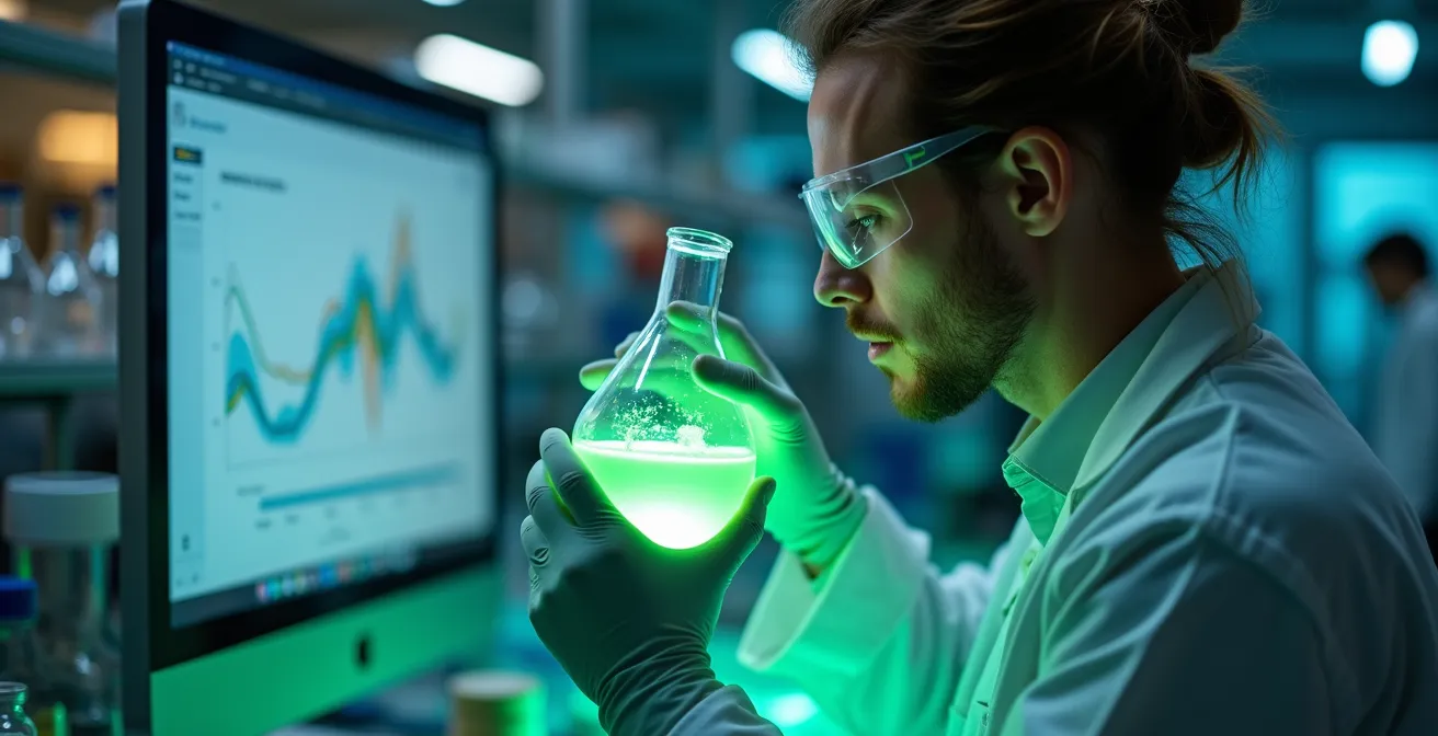 Entrepreneur dans un laboratoire de technologies propres examinant des échantillons avec équipement scientifique en arrière-plan