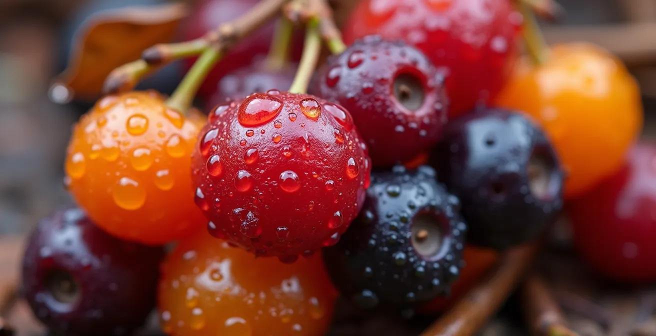 Gros plan macro sur des baies boréales canadiennes avec texture et détails naturels