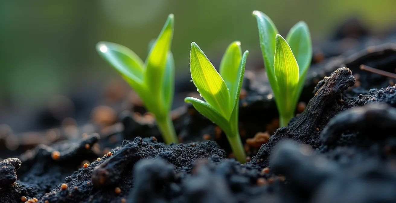 Macro détaillée de nouvelle croissance végétale émergeant du sol carbonisé après un feu de forêt