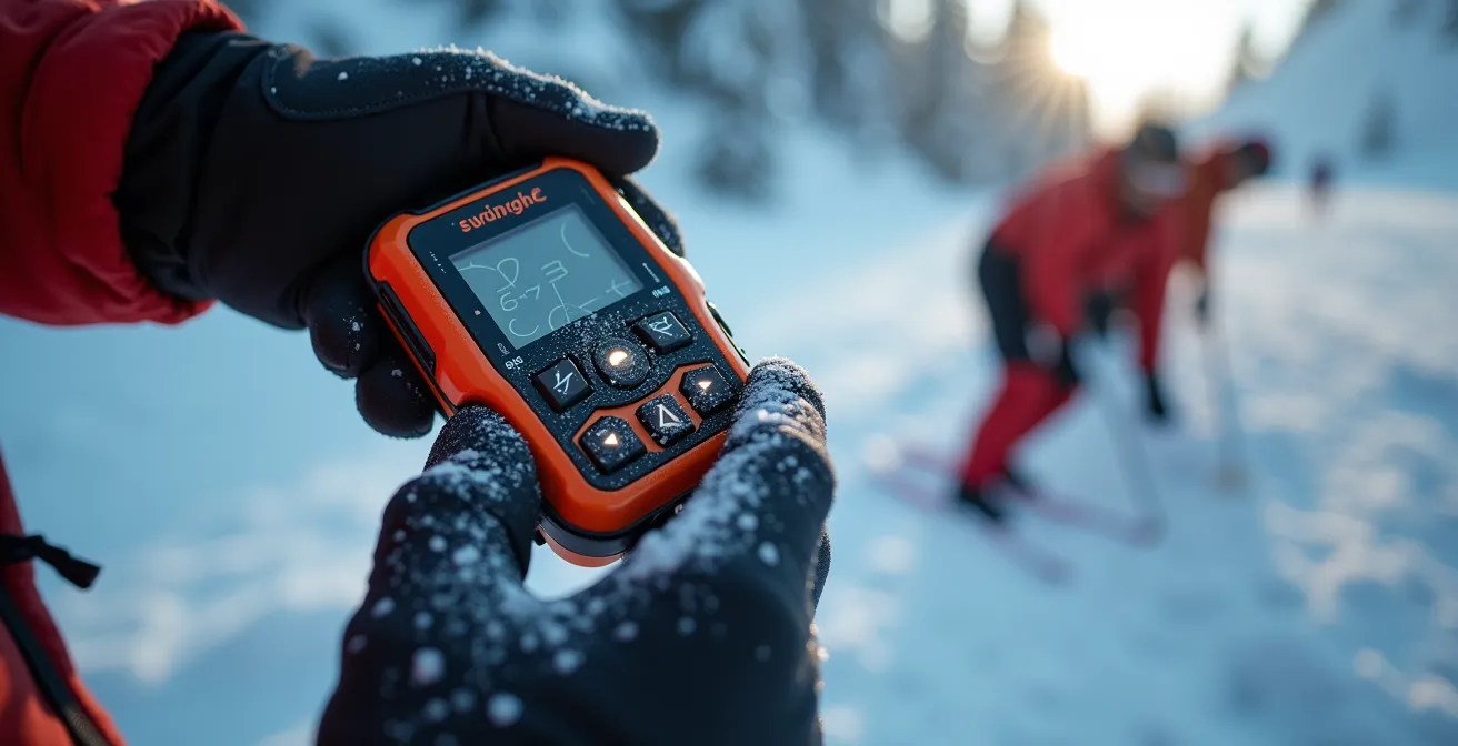 Skieurs pratiquant une recherche DVA lors d'un exercice de sauvetage en avalanche