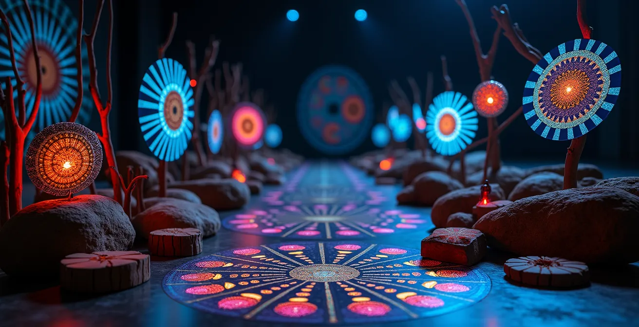 Installation artistique mêlant traditions autochtones et technologies numériques futuristes