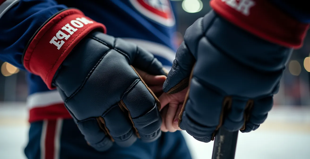 Gros plan sur les mains gantées d'un joueur de hockey posées protectrices sur l'épaule d'un coéquipier