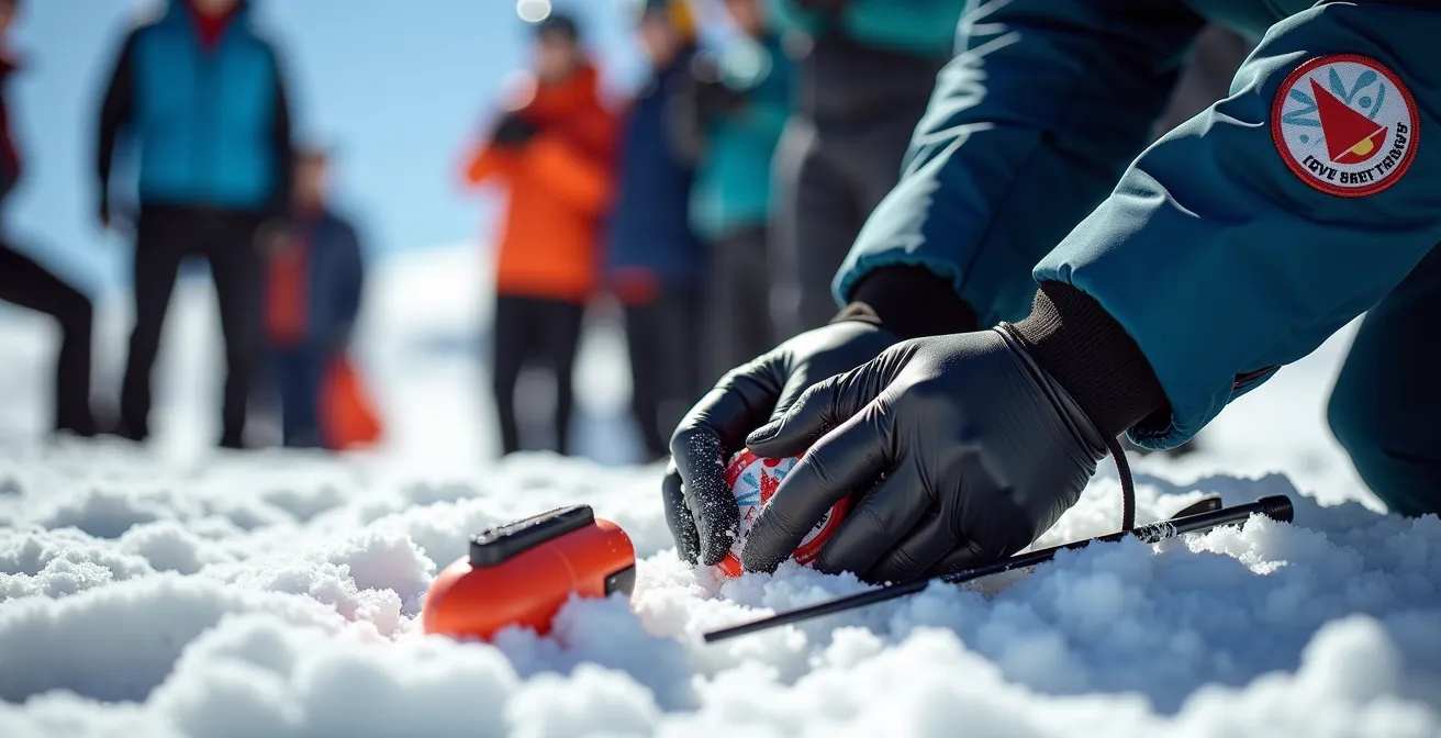 Guide de montagne certifié vérifiant l'équipement de sécurité avalanche avec son groupe