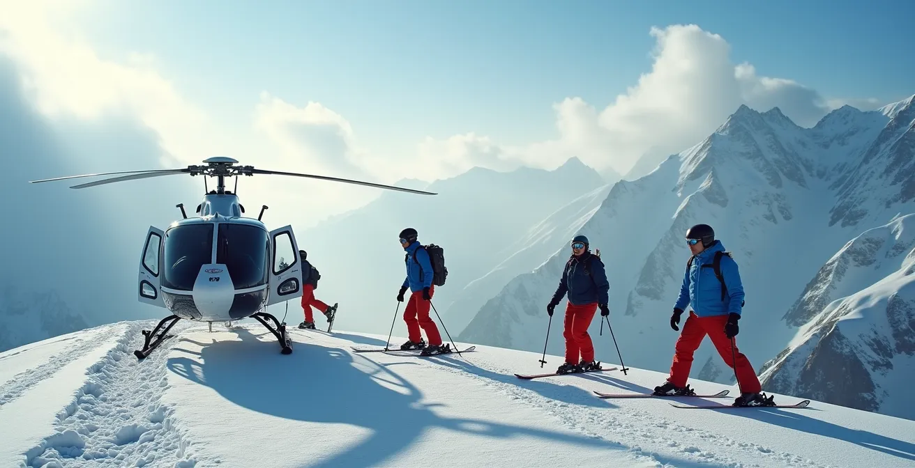 Hélicoptère déposant des skieurs sur un sommet vierge dans les montagnes canadiennes