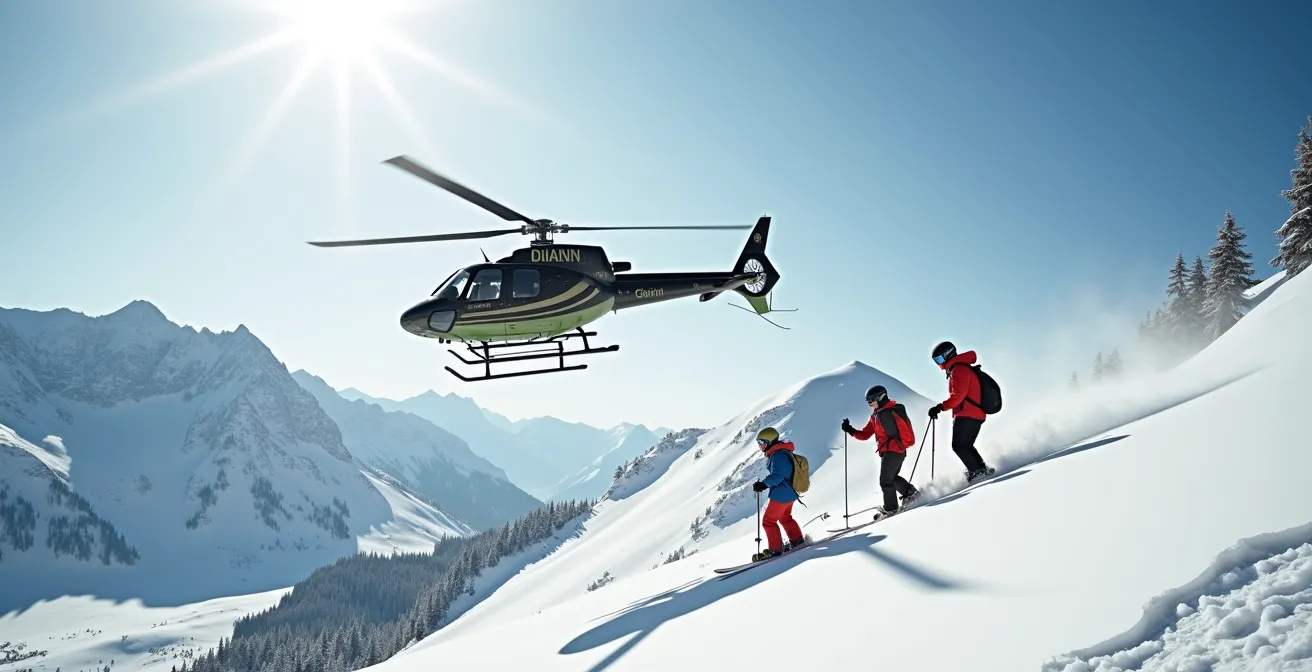 Hélicoptère déposant des skieurs sur une crête enneigée des Rocheuses canadiennes