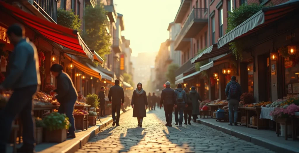Scène urbaine montrant diversité culturelle dans un quartier historique avec un mélange de bâtiments anciens réhabilités et rues animées
