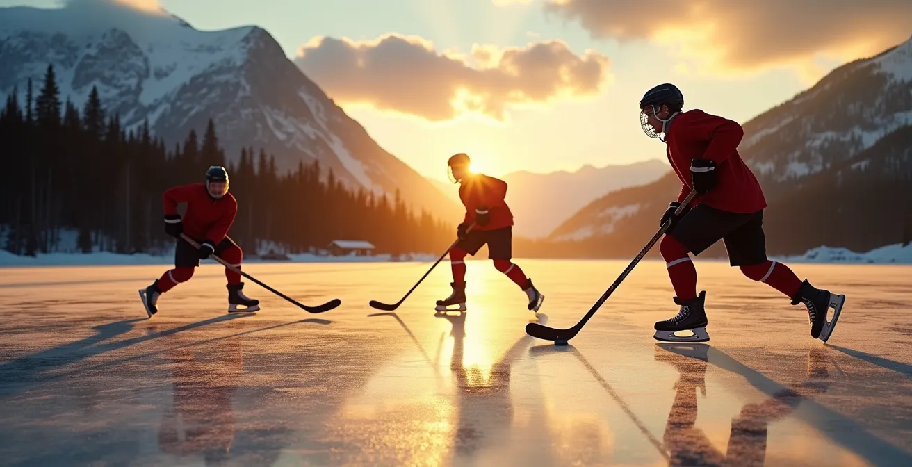 Joueurs de hockey improvisé sur un lac gelé au coucher du soleil
