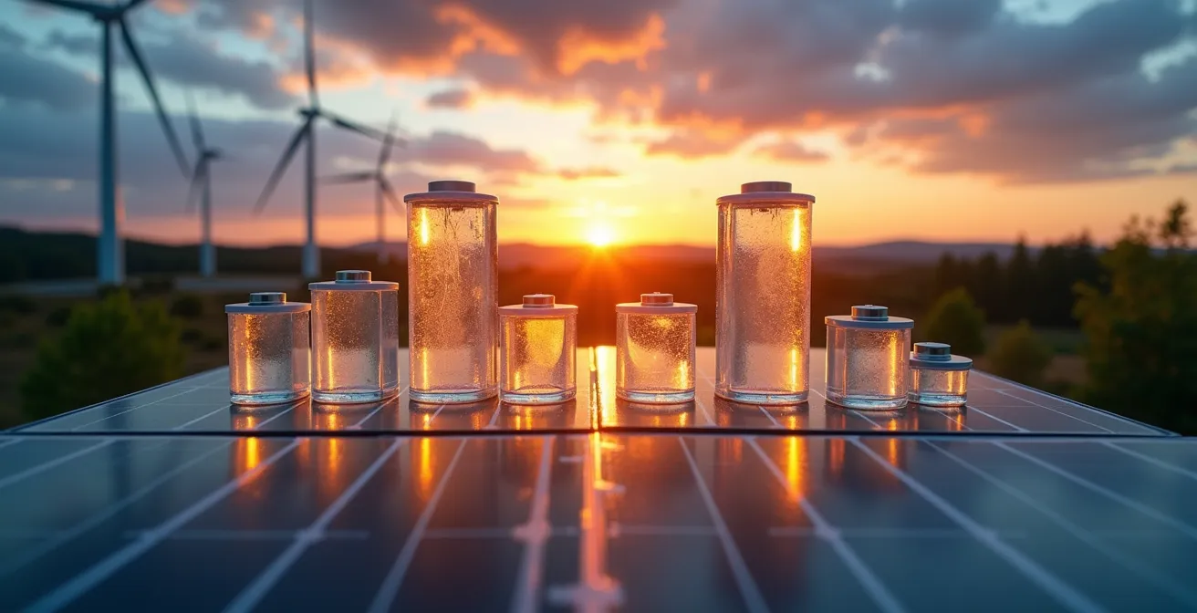 Installation de stockage d'énergie avec panneaux solaires et éoliennes dans un paysage canadien
