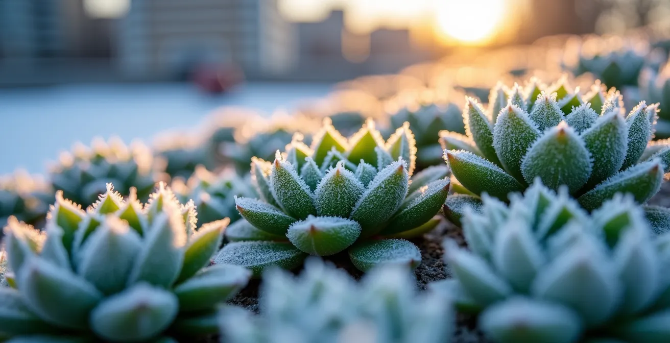 Toit végétalisé recouvert de neige avec plantes indigènes résistantes au climat canadien