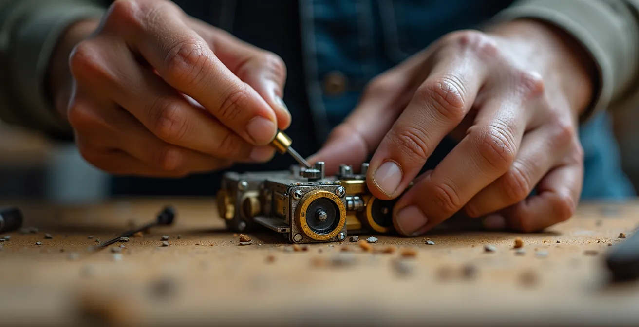 Gros plan macro sur des mains d'ingénieur assemblant un dispositif technologique simple mais efficace dans un atelier canadien