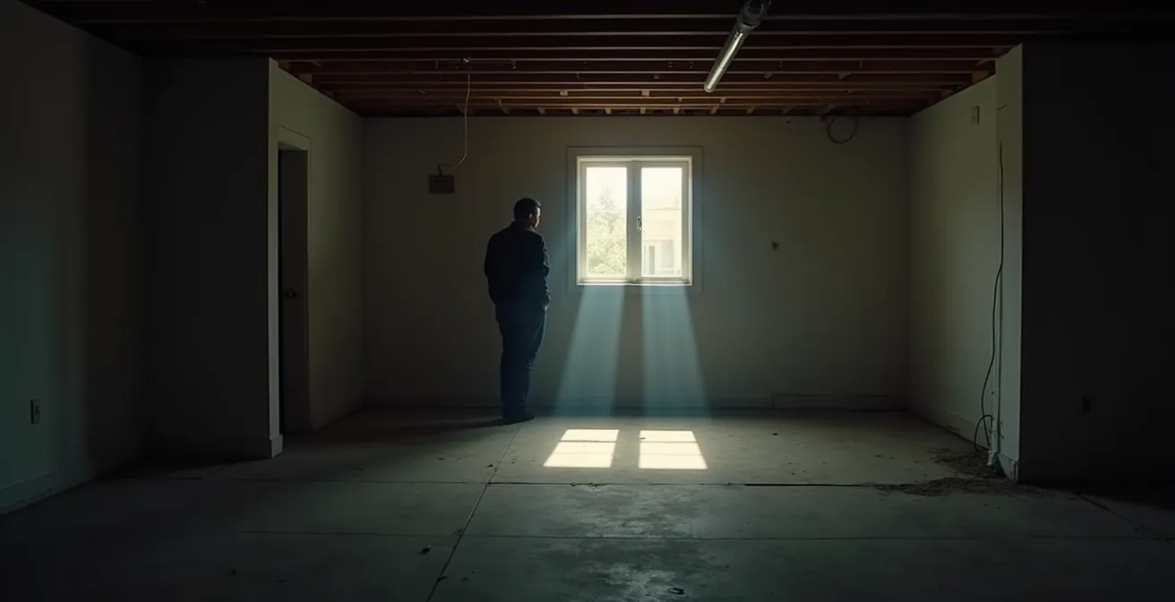 Inspecteur examinant les fondations d'une maison canadienne avec équipement professionnel