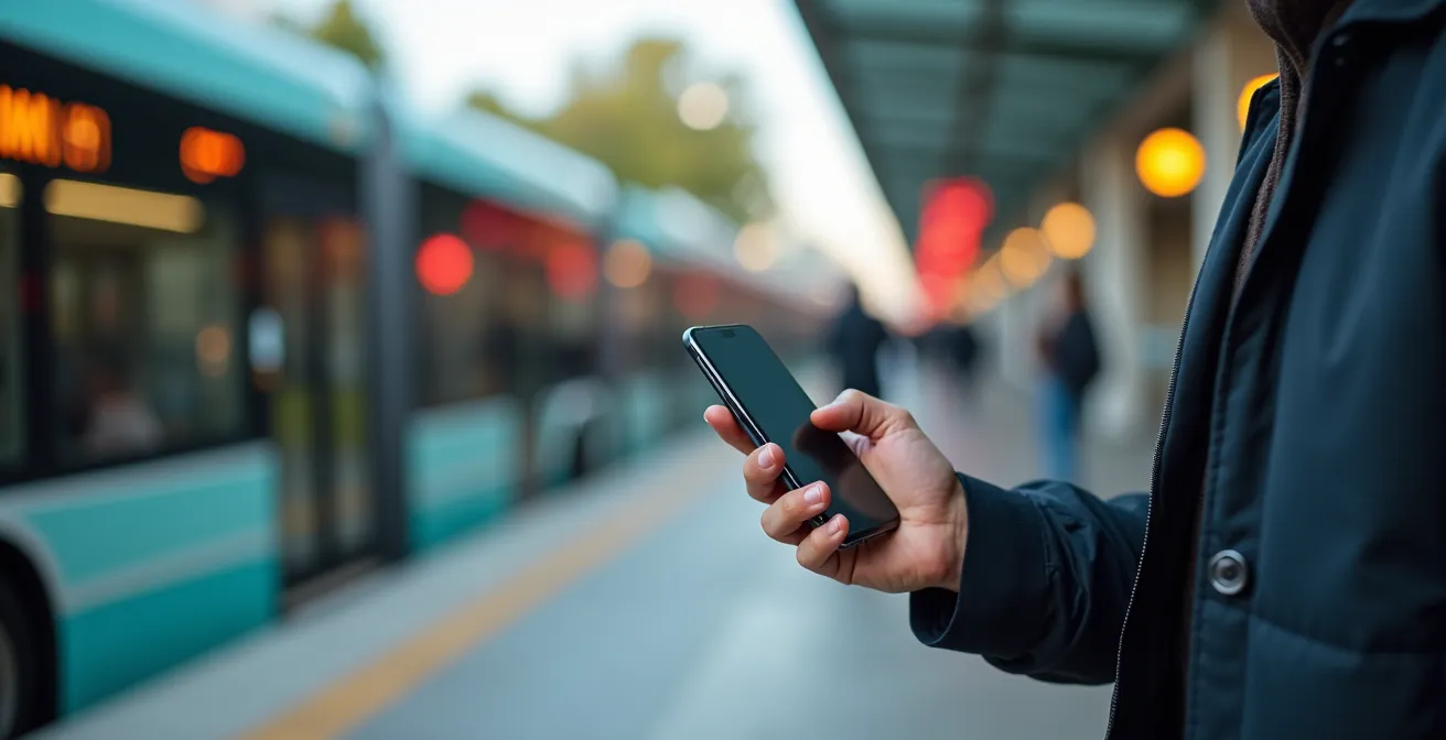 Main tenant un smartphone montrant une application de mobilité intégrée avec carte de la ville et options de transport