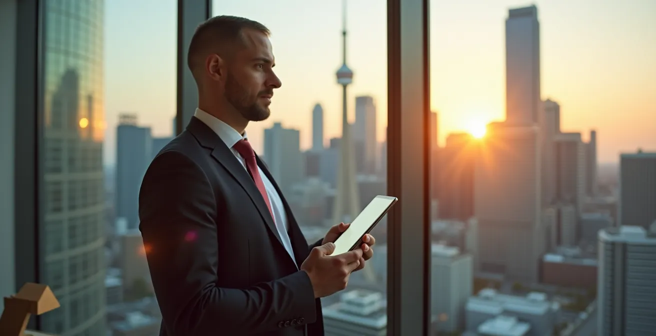 Investisseur immobilier contemplant la skyline canadienne avec vision stratégique de croissance patrimoniale