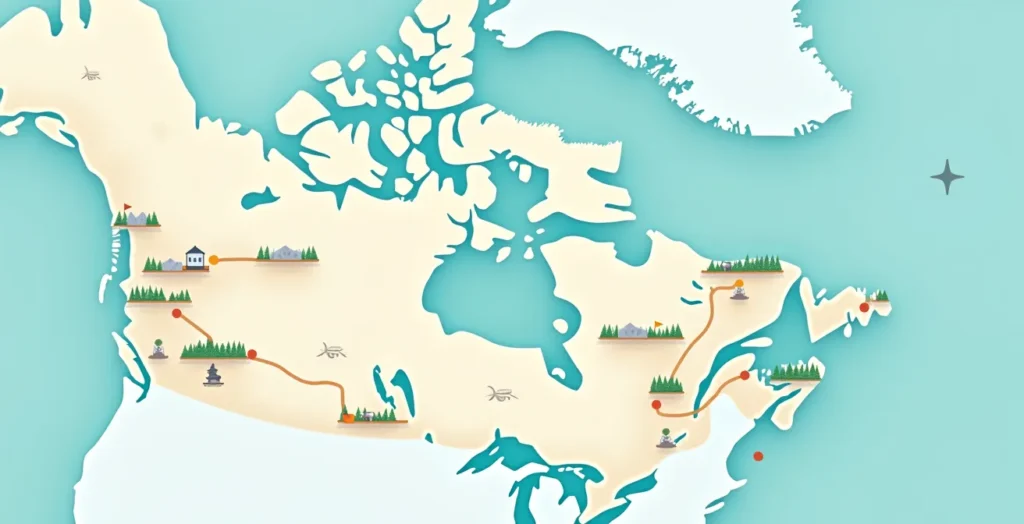 Carte illustrée en étoile montrant deux villes bases pour explorer des régions naturelles et urbaines environnantes au Canada