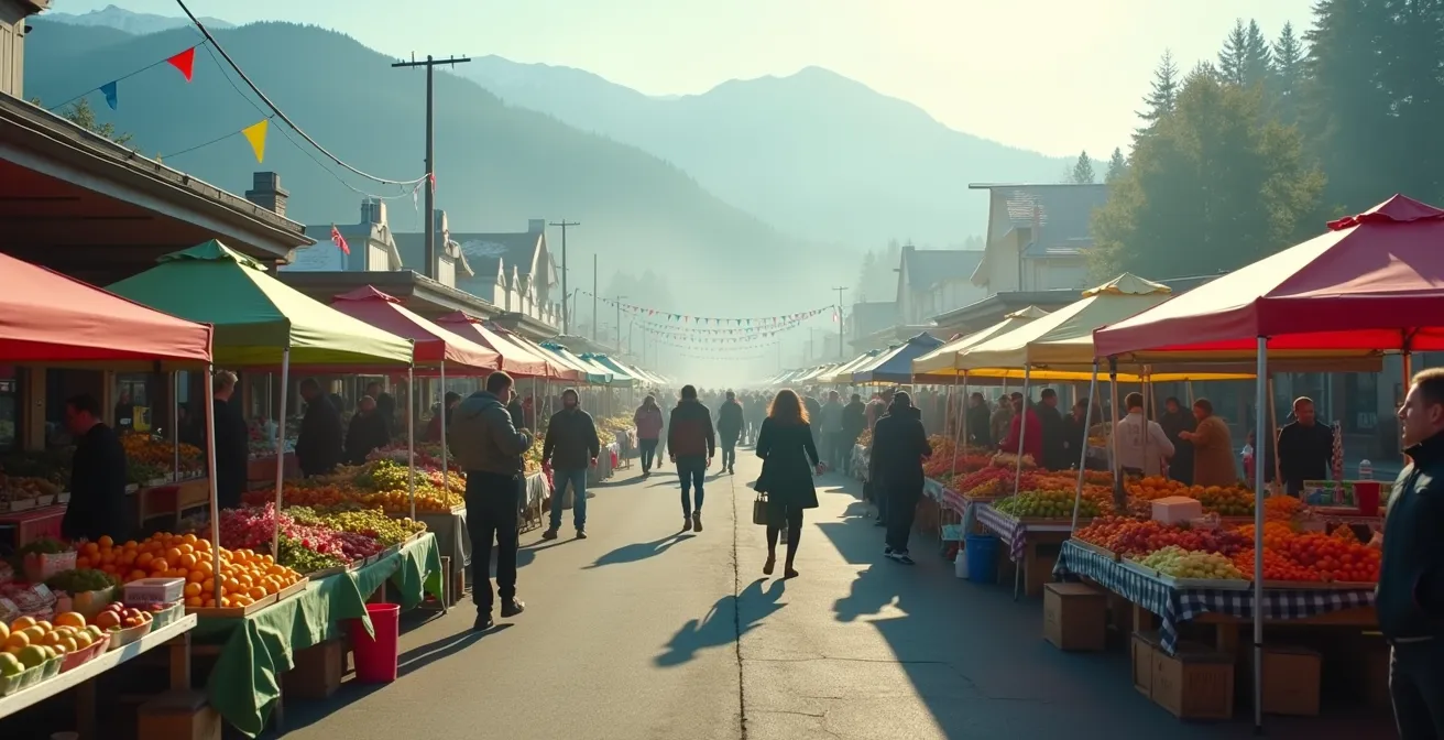 Vue aérienne d'un marché fermier canadien animé avec étals colorés