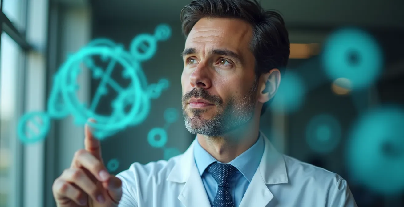 Équipe médicale analysant des données génomiques pour personnaliser un traitement contre le cancer