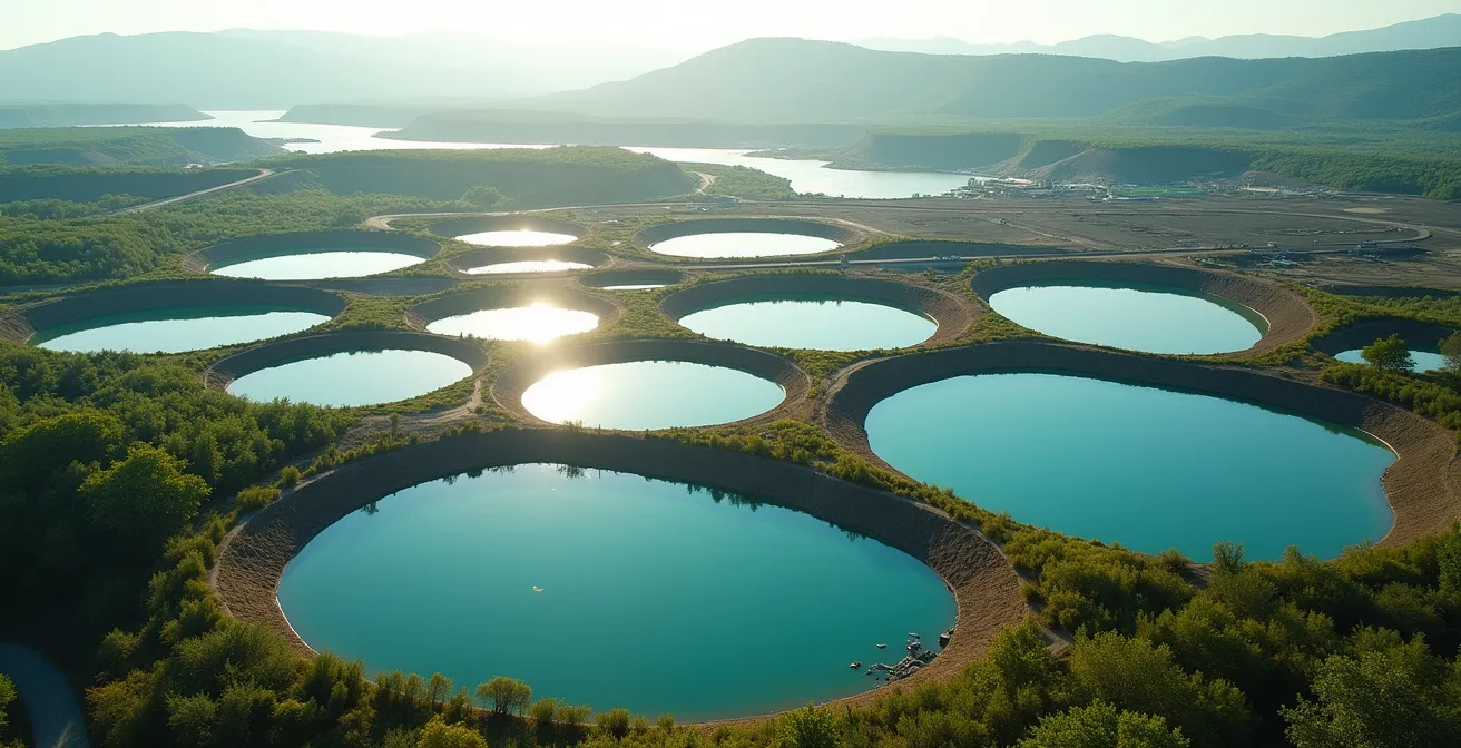 Vue d'ensemble d'une mine moderne avec bassins de traitement d'eau en circuit fermé entourés de végétation restaurée