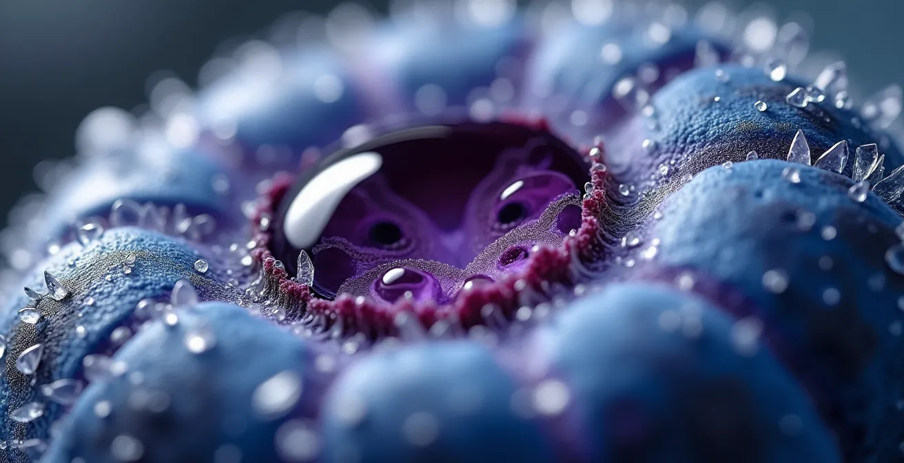 Vue macro détaillée des cristaux d'anthocyanes et polyphénols extraits de plantes boréales