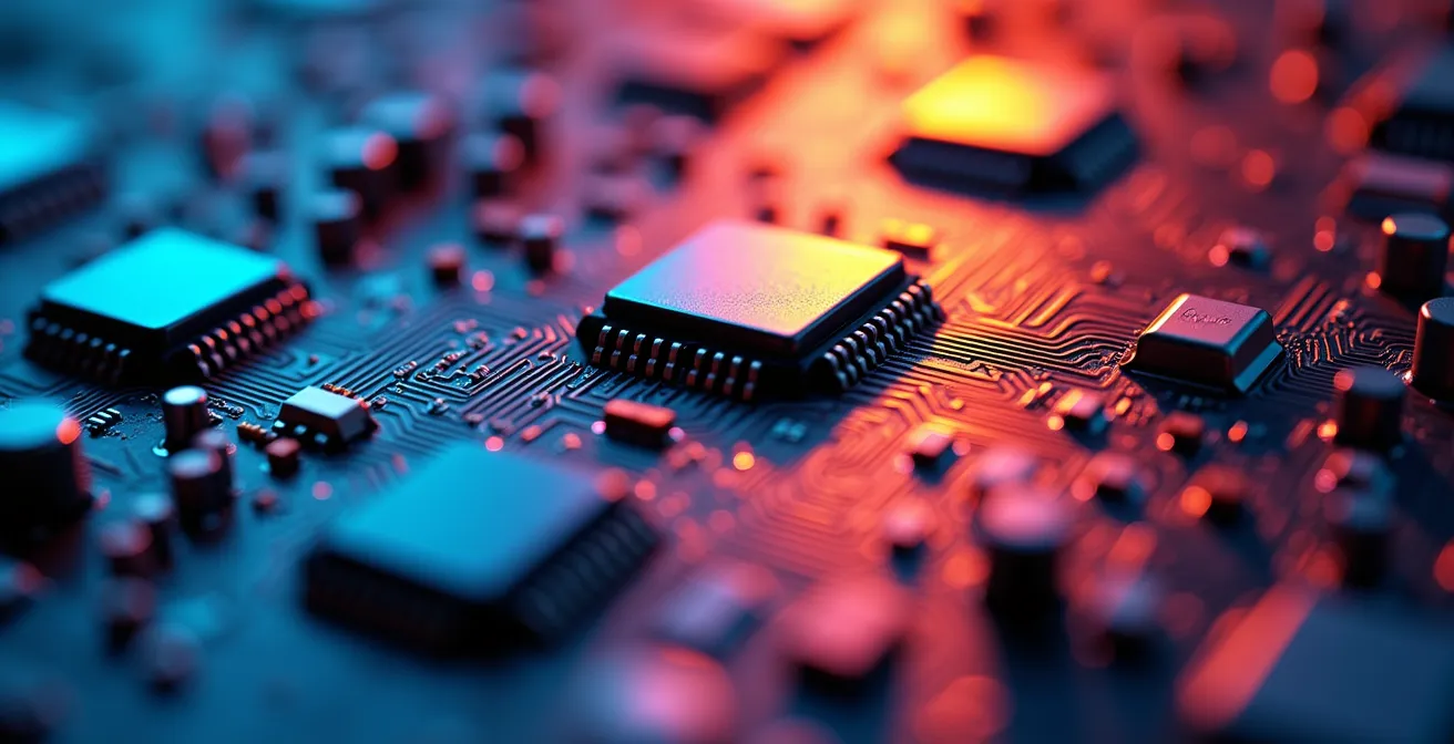 Vue macro détaillée de circuits électroniques colorés symbolisant la fusion entre intelligence artificielle et créativité dans le jeu vidéo