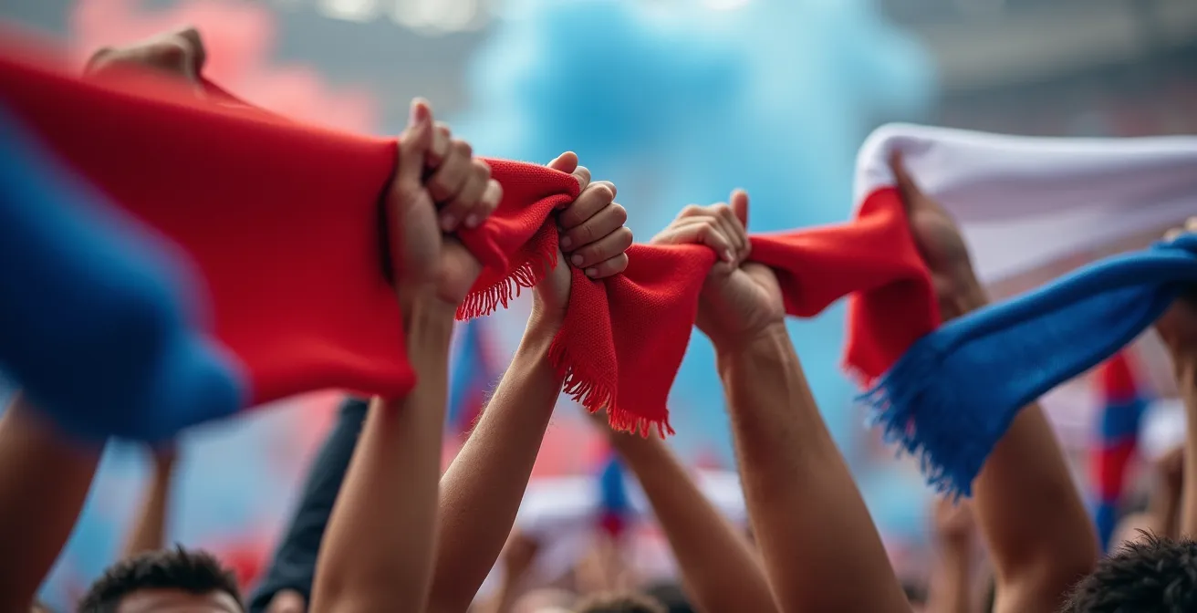 Vue macro sur les mains de partisans tenant des écharpes aux couleurs de différentes équipes de soccer canadiennes
