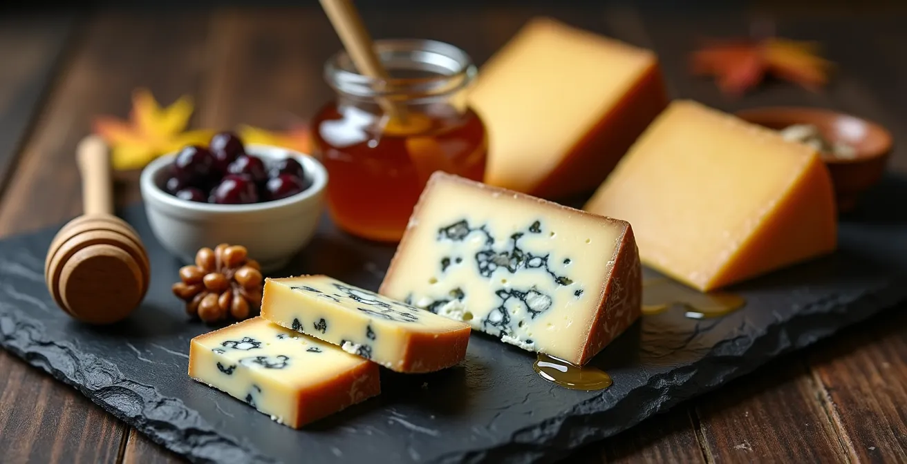 Plateau de fromages québécois arrangé avec élégance sur ardoise noire