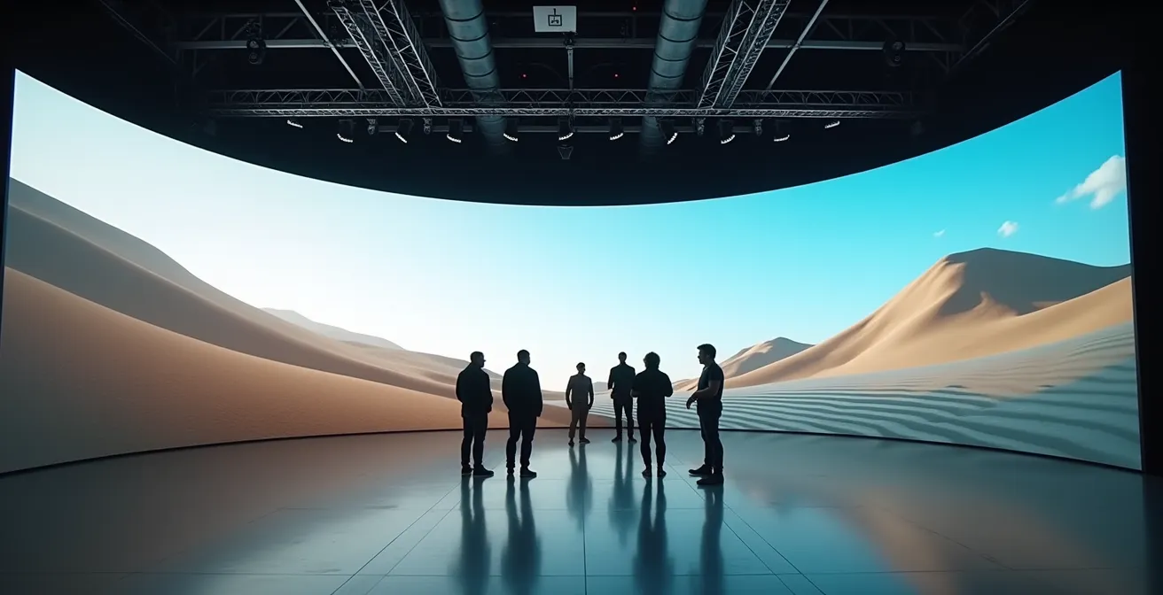 Vue large d'un plateau de production virtuelle avec un immense mur LED incurvé affichant un environnement naturel abstrait