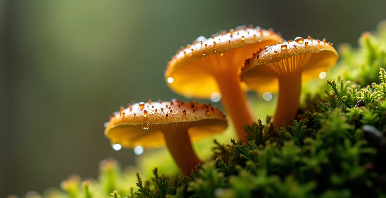 Gros plan macro sur des chanterelles dorées et du poivre des dunes sur mousse boréale