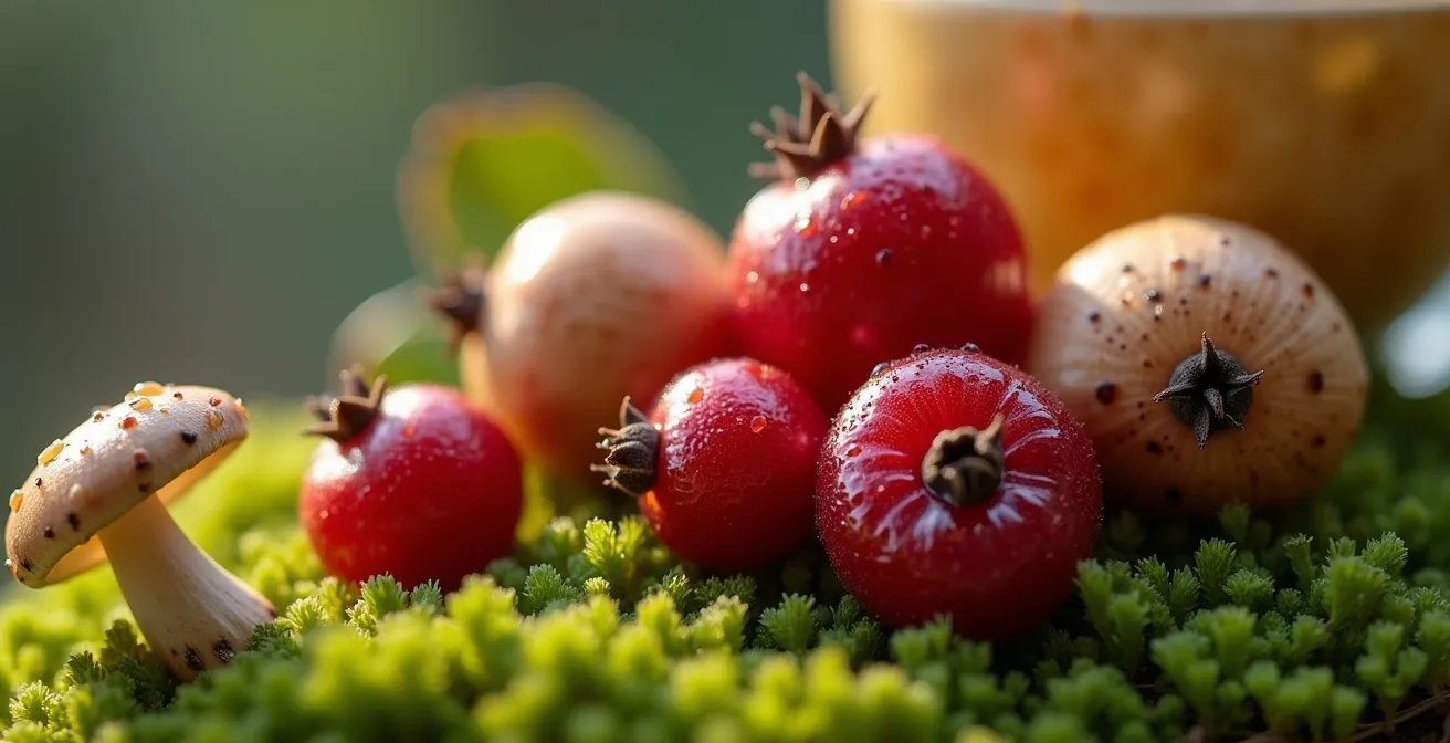 Ingrédients sauvages de la forêt boréale canadienne arrangés sur mousse