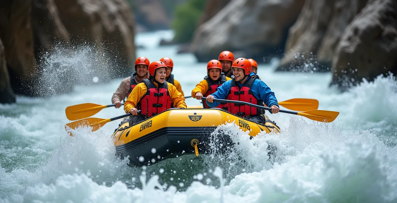 Équipe de rafting naviguant dans les rapides tumultueux de la rivière Kicking Horse