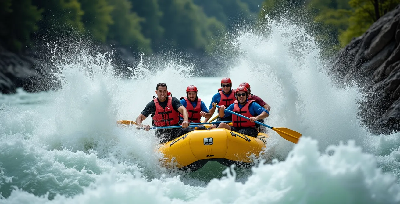 Équipe de rafting naviguant dans des rapides tumultueux avec vagues éclaboussantes dans les Rocheuses canadiennes