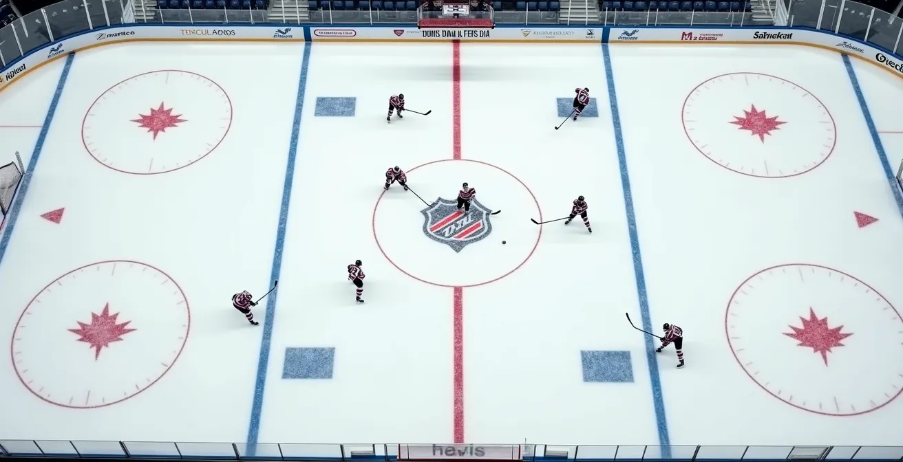 Vue aérienne d'une patinoire montrant les zones et lignes de jeu avec des joueurs positionnés stratégiquement