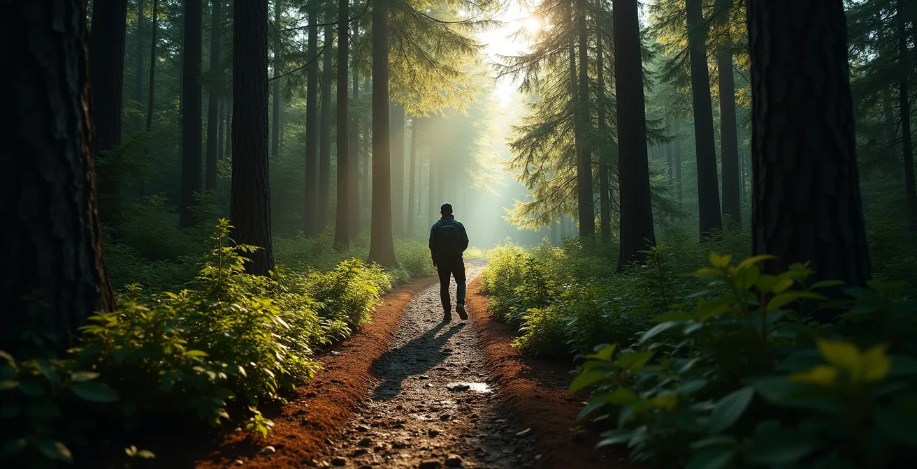 Randonneur observant respectueusement un ours noir à distance sécuritaire dans la forêt