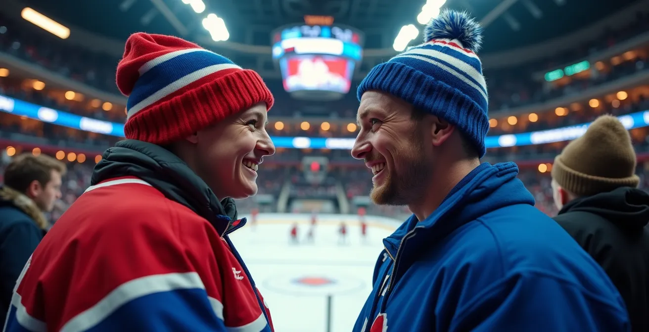 Deux groupes de partisans de hockey en rouge et bleu se faisant face dans une arène canadienne historique