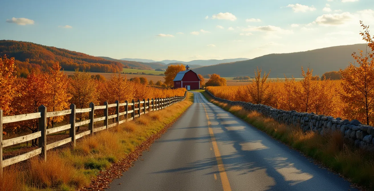 Paysage automnal des Cantons-de-l'Est avec vergers et route sinueuse