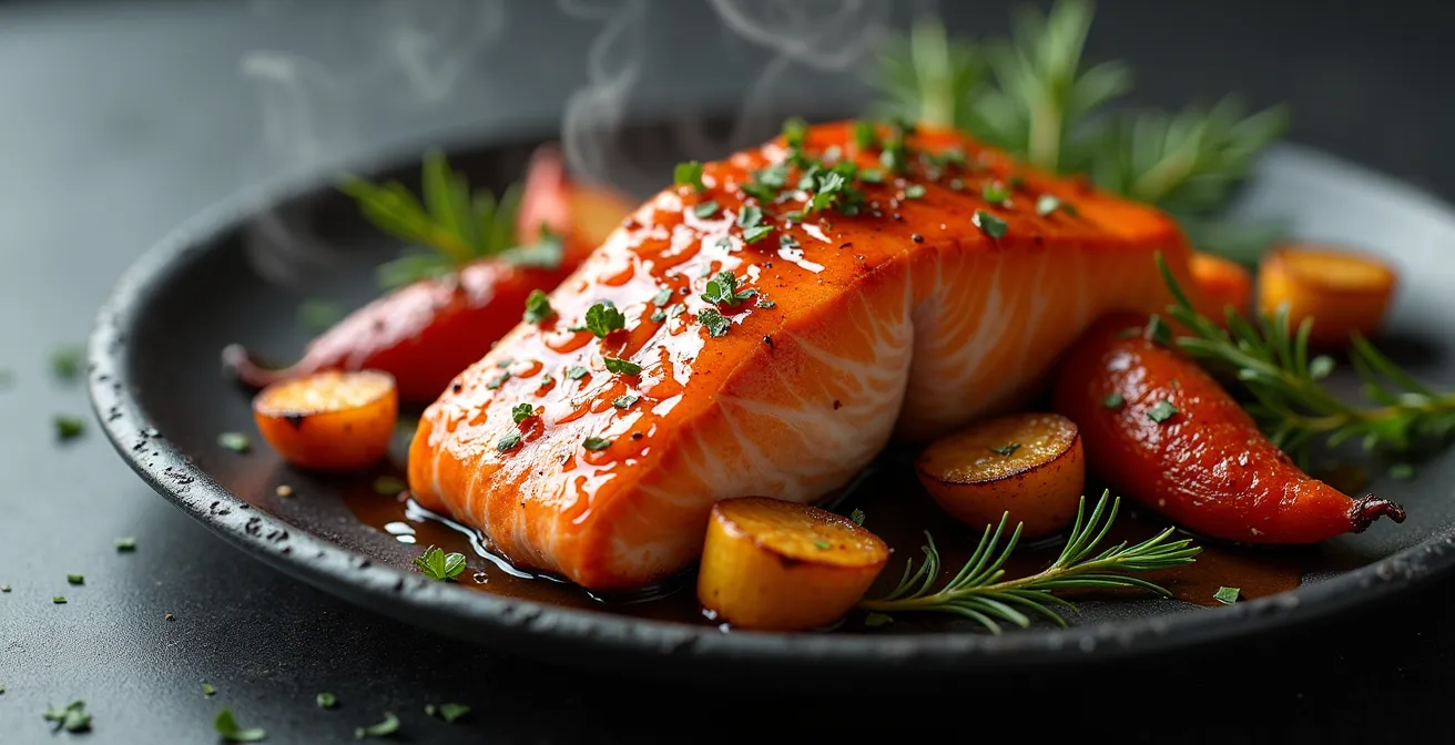 Filet de saumon glacé au sirop d'érable avec garniture de légumes racines rôtis
