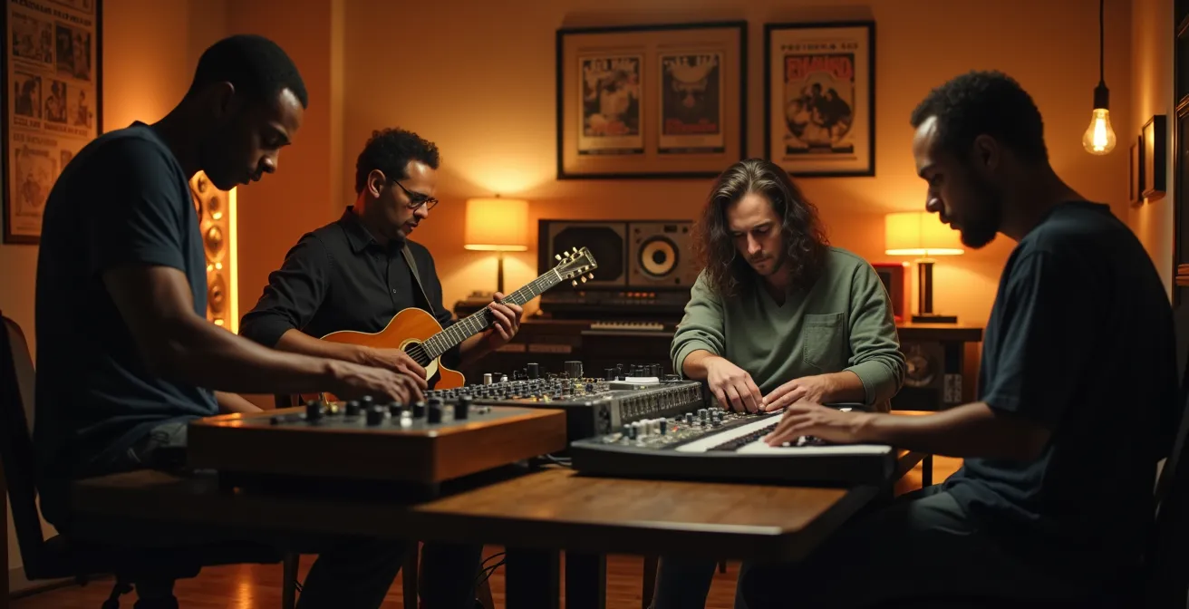 Studio d'enregistrement indépendant canadien avec musiciens en création collaborative