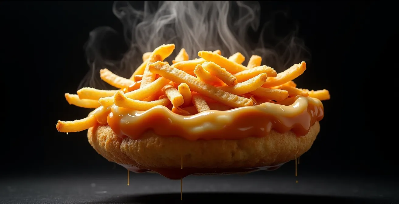 Coupe transversale artistique montrant les couches d'une poutine avec vapeur et fromage fondant