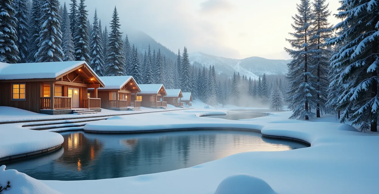 Vue panoramique d'un spa nordique canadien niché dans une forêt enneigée avec bassins fumants