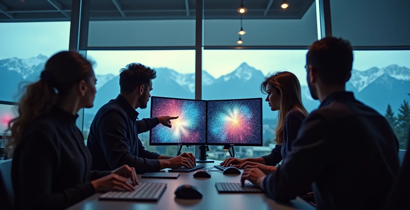 Artistes VFX travaillant dans un studio moderne de Vancouver avec écrans montrant des simulations de particules abstraites